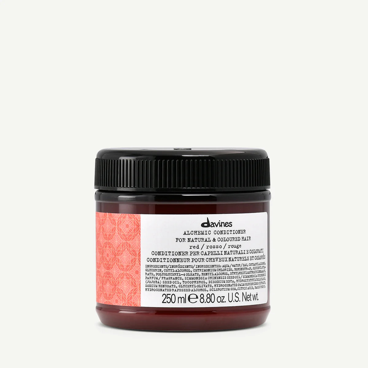 Burk med Alchemic Conditioner Red, en balsam för färgat och naturligt rött hår, med miljövänlig formula för vårdande hårinpackning.