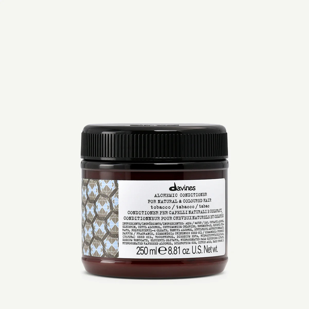Alchemic Conditioner Tobacco i en brun burk med svart lock, en miljövänlig balsam för naturligt och färgat hår från Davines.