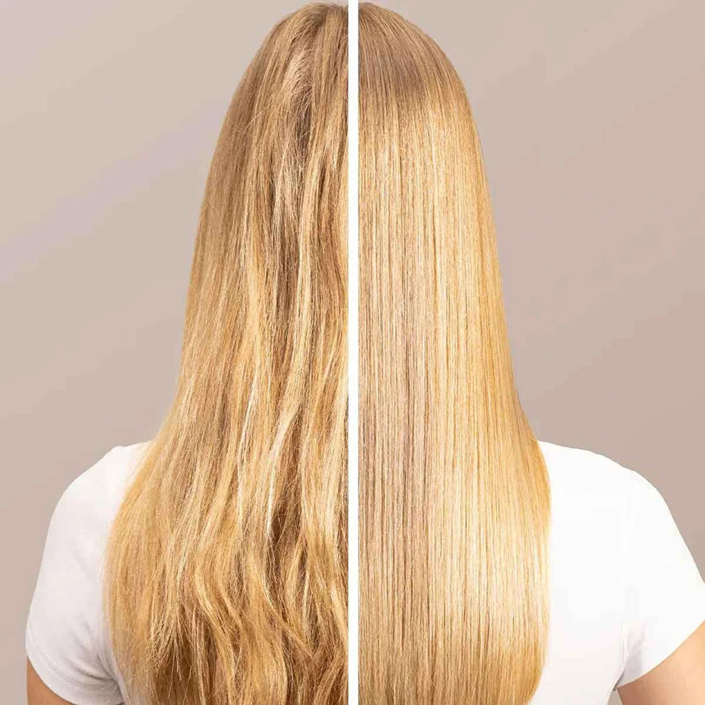 Före- och efterbild som visar skillnaden i hårkvalitet med Heart of Glass Instant Bonding Glow, från frissigt till slätt och glansigt hår.