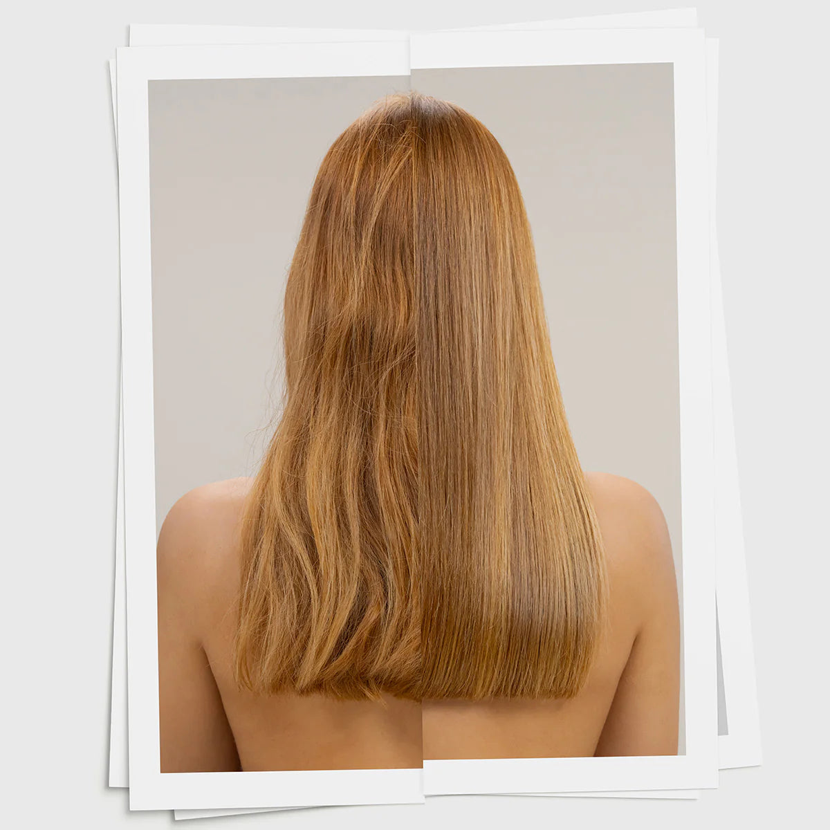 Bild som visar före-och-efter-effekt på hår efter användning av Heart of Glass Rich Conditioner, med skillnad i mjukhet och glans i hårets längder.