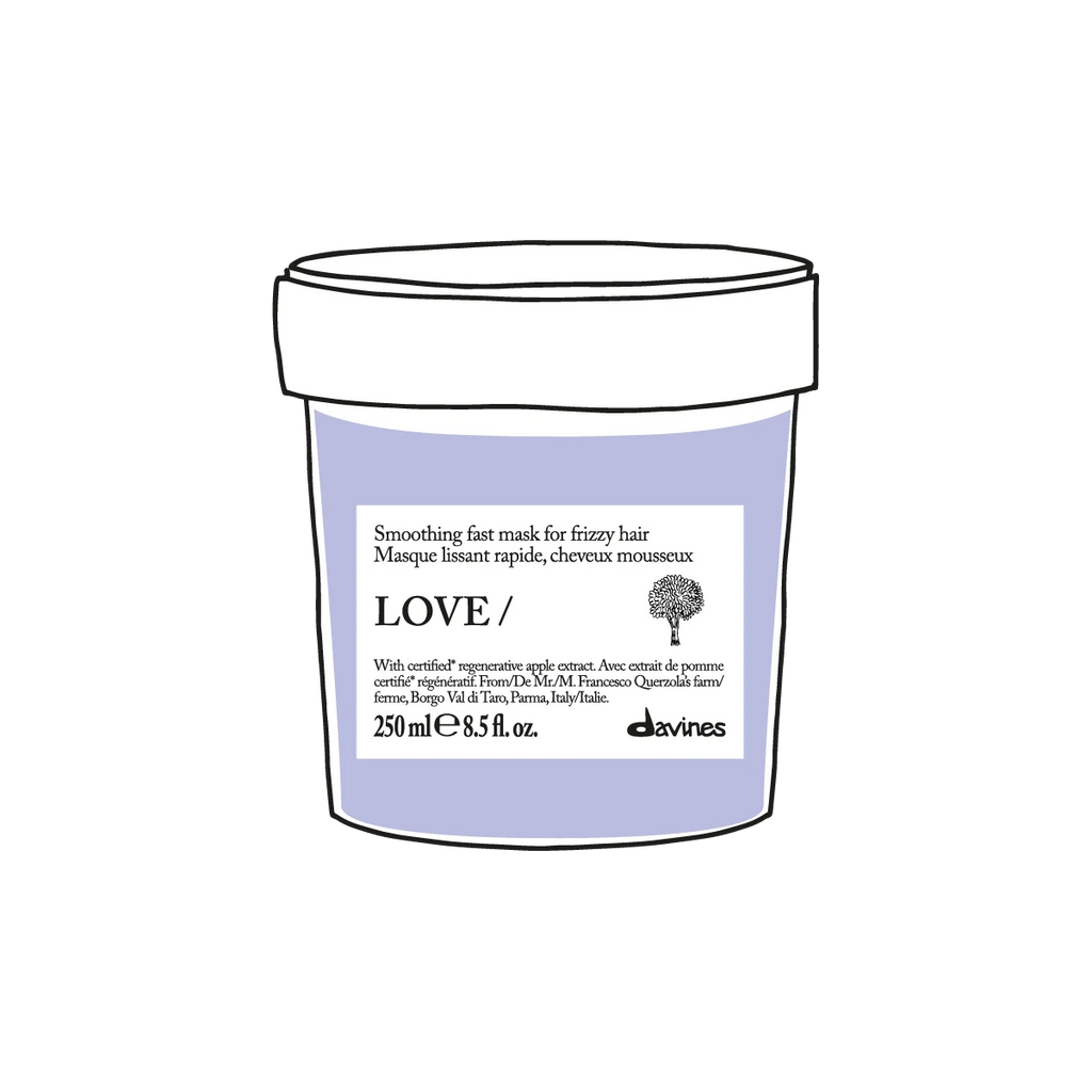 Love Smoothing Fast Mask i en burk för att släta ut frissigt hår, miljövänlig hårinpackning från Davines med naturliga ingredienser.