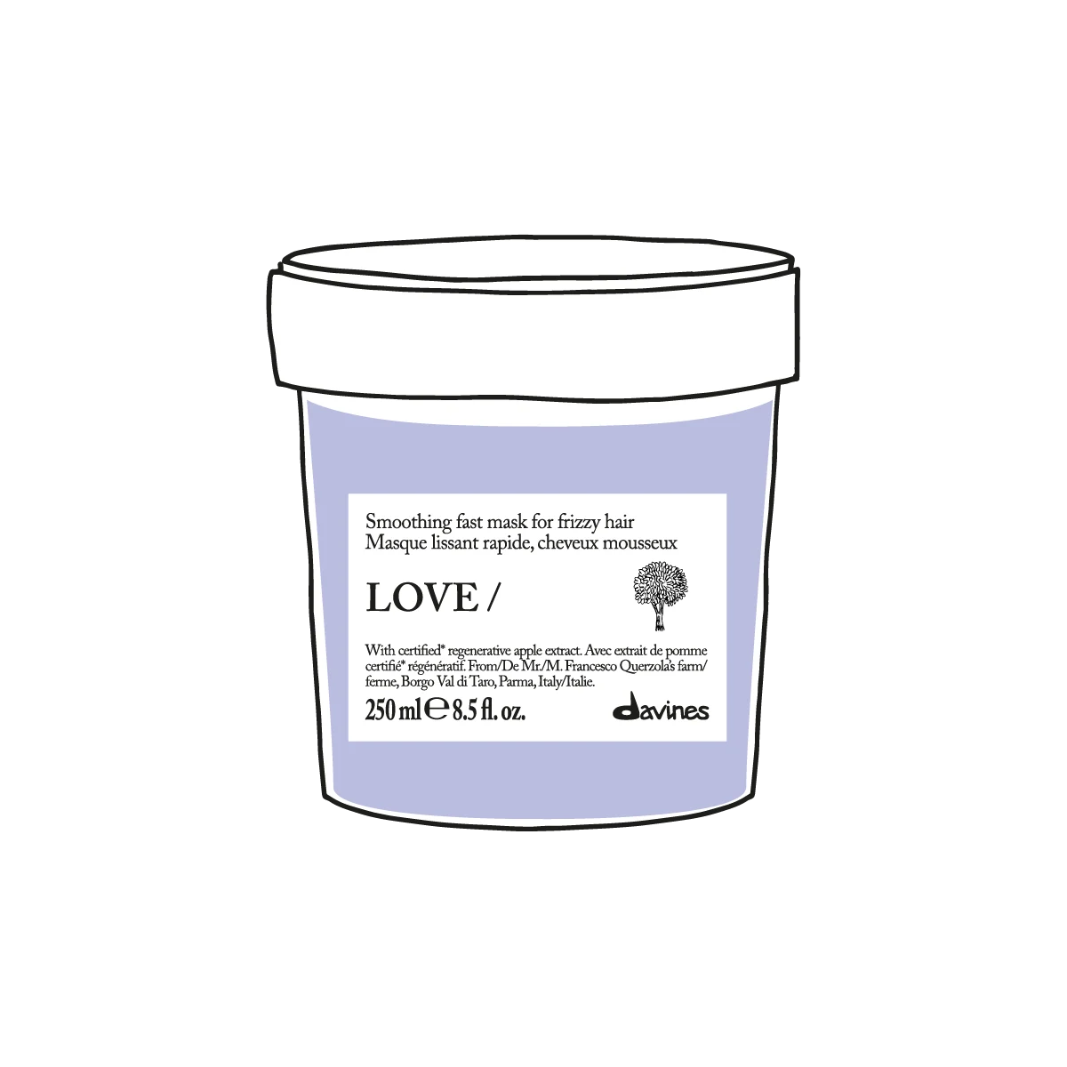 Love Smoothing Fast Mask i en burk för att släta ut frissigt hår, miljövänlig hårinpackning från Davines med naturliga ingredienser.