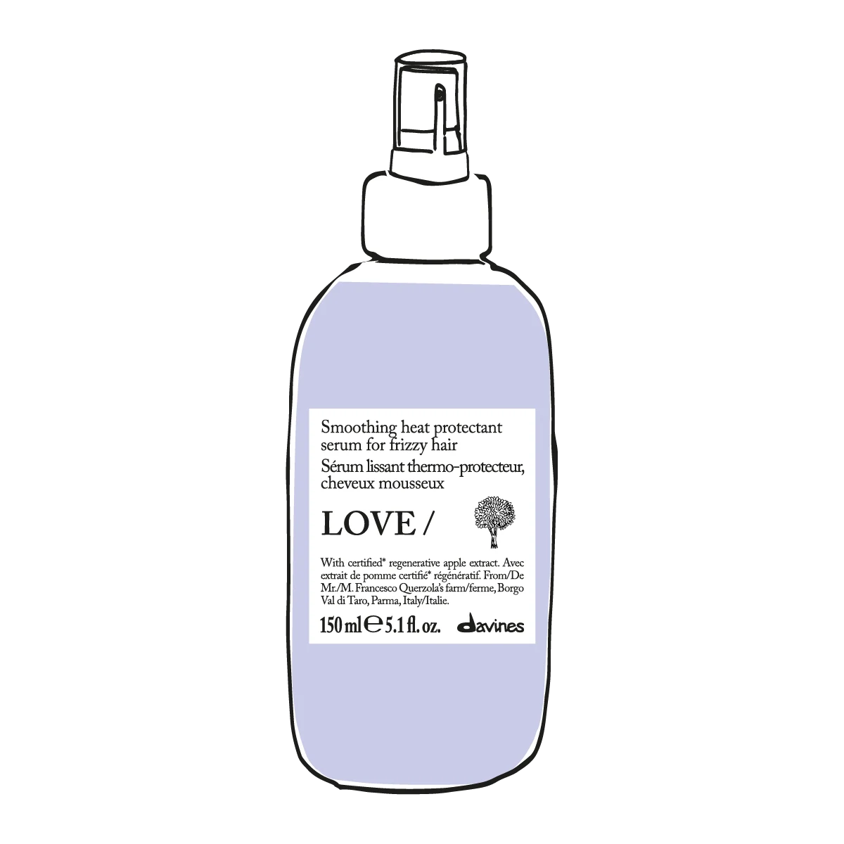 Flaska med Love Smoothing Heat Protectant Serum i ljuslila färg, värmeskyddande stylingprodukt för frissigt hår från Davines.