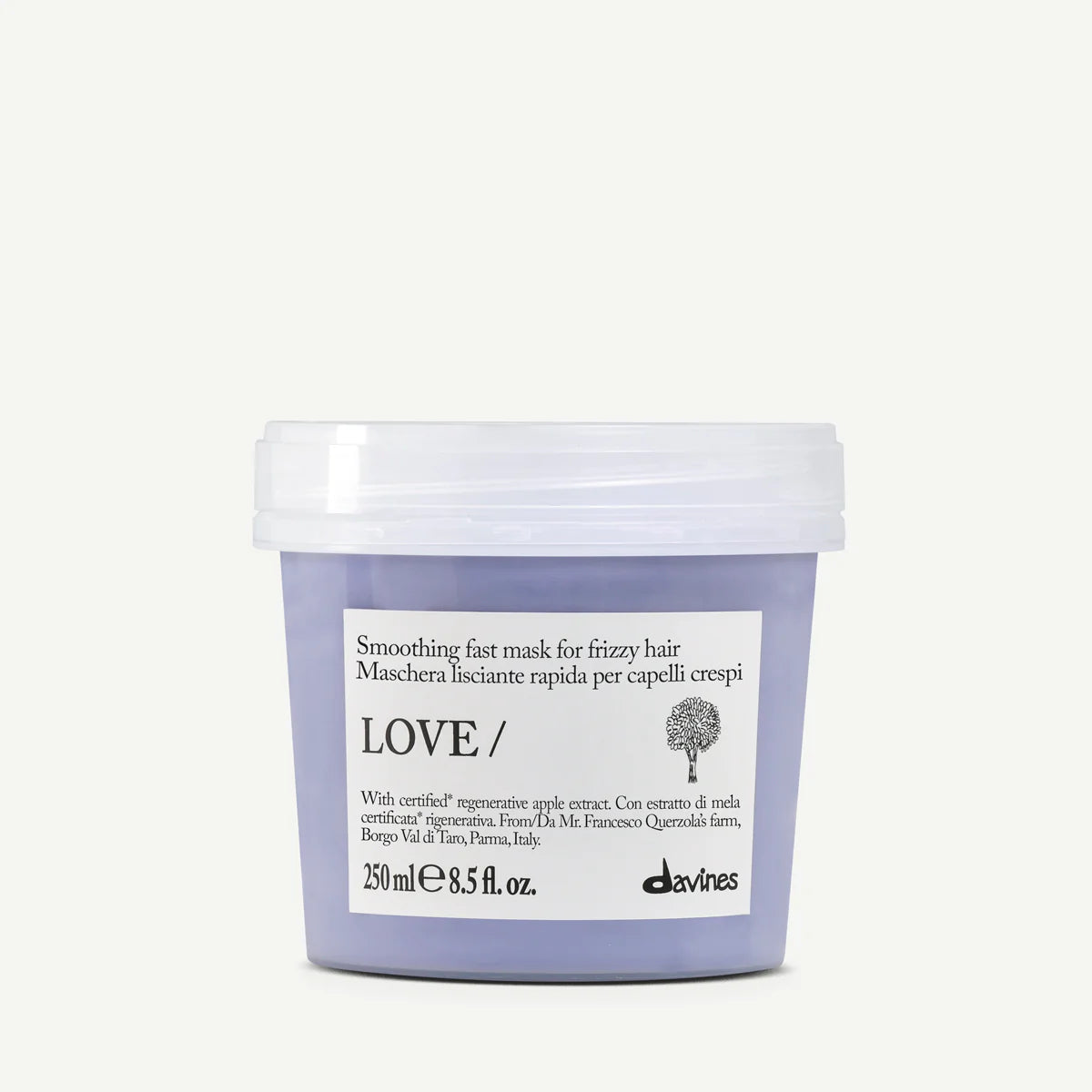 Love Smoothing Fast Mask i en lila burk med vitt lock, en hårinpackning som vårdar och jämnar ut frissigt hår med naturliga ingredienser.