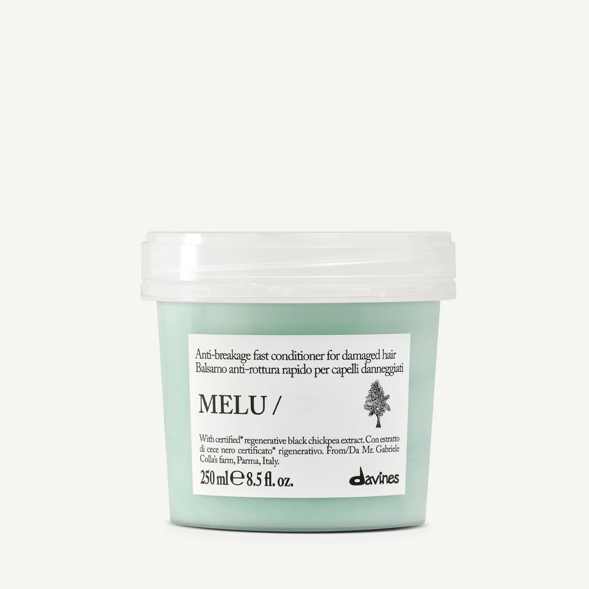 Melu Anti-Breakage Fast Conditioner i en grön tub, en balsam för skadat hår med regenererande extrakt från svart kikärta, från Davines.