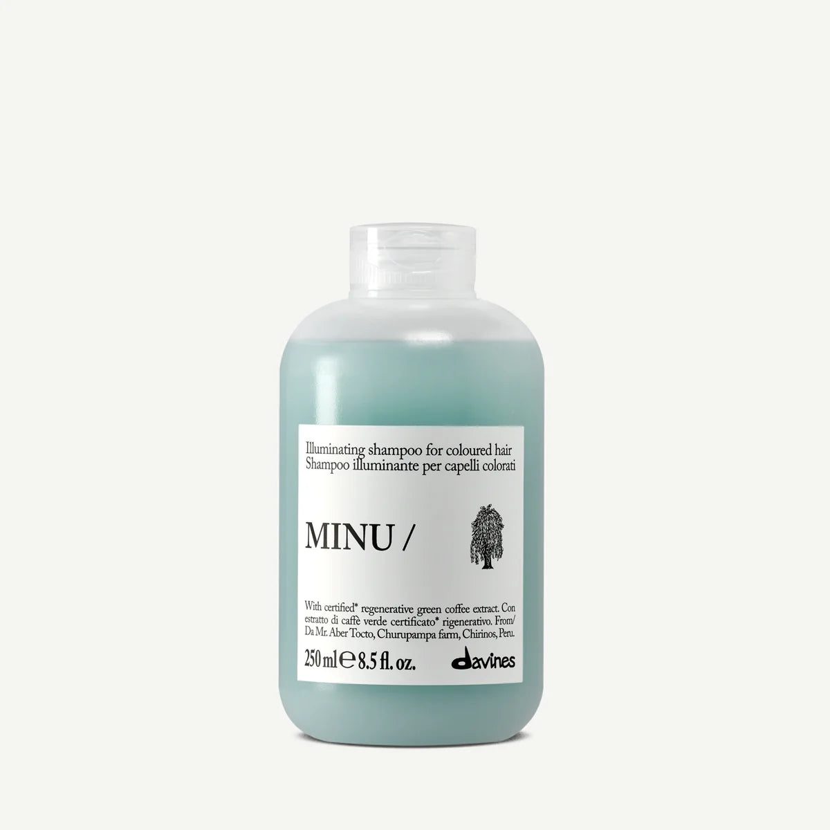Minu Illuminating Shampoo i en transparent flaska med blågrönt innehåll, en miljövänlig schampo för färgat hår från Davines.