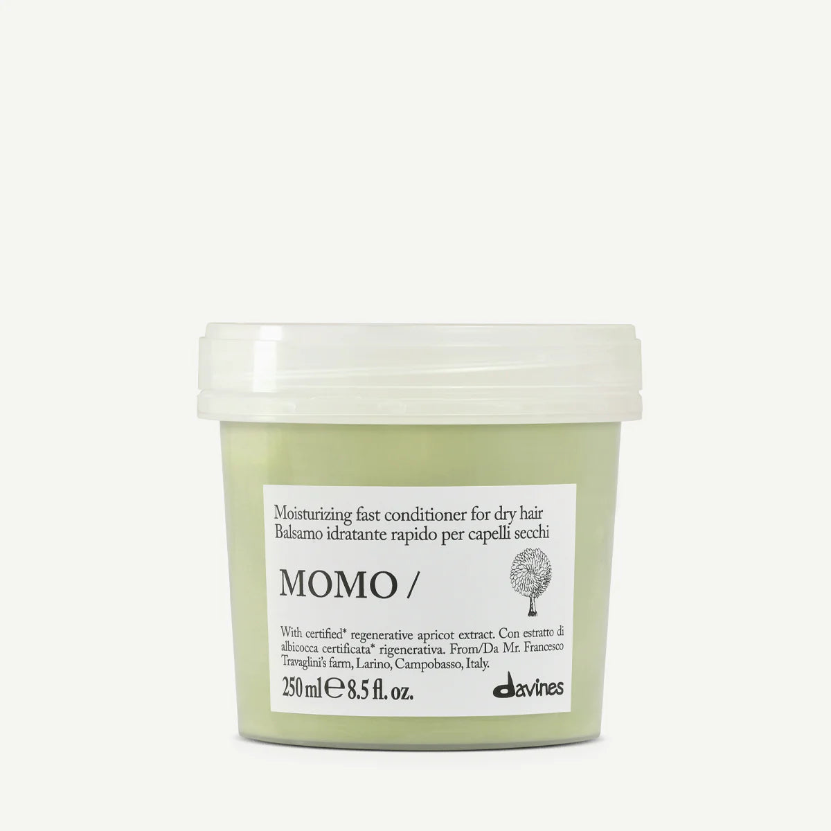 Momo Moisturizing Fast Conditioner i burk för snabb återfuktning av torrt hår, miljövänlig hårvårdsprodukt från Davines med vårdande ingredienser.