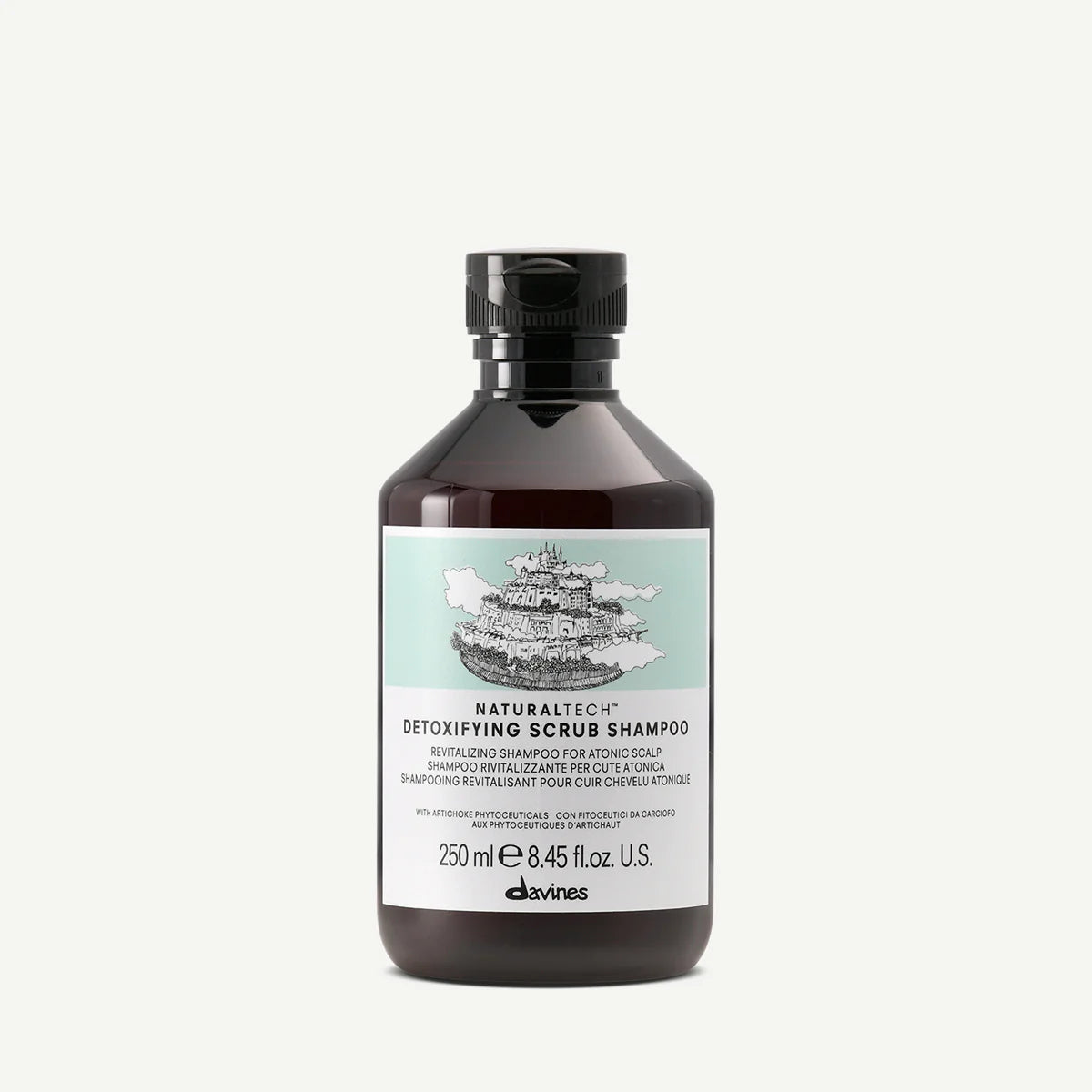 Flaska med Naturaltech Detoxifying Scrub Shampoo i 250 ml, en miljövänlig hårprodukt för att rengöra och revitalisera hårbotten.