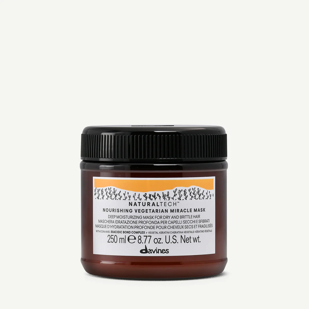 Naturaltech Nourishing Miracle Mask i brun burk med svart lock, en närande hårinpackning från Davines för djupt återfuktande och vårdande behandling.