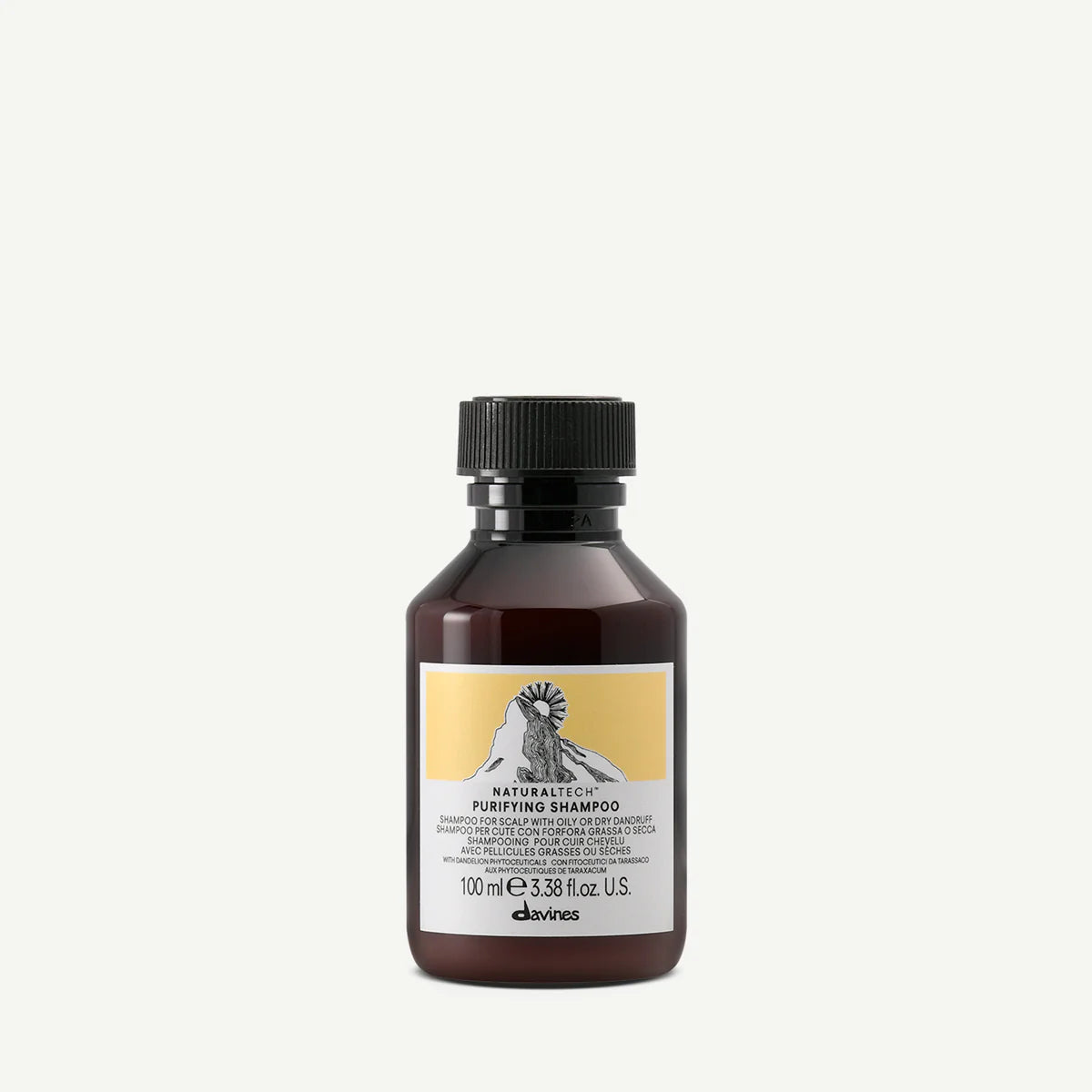Naturaltech Purifying Shampoo i en brun plastflaska med svart lock, innehåller 100 ml miljövänligt schampo för hårbottenrengöring från Davines.