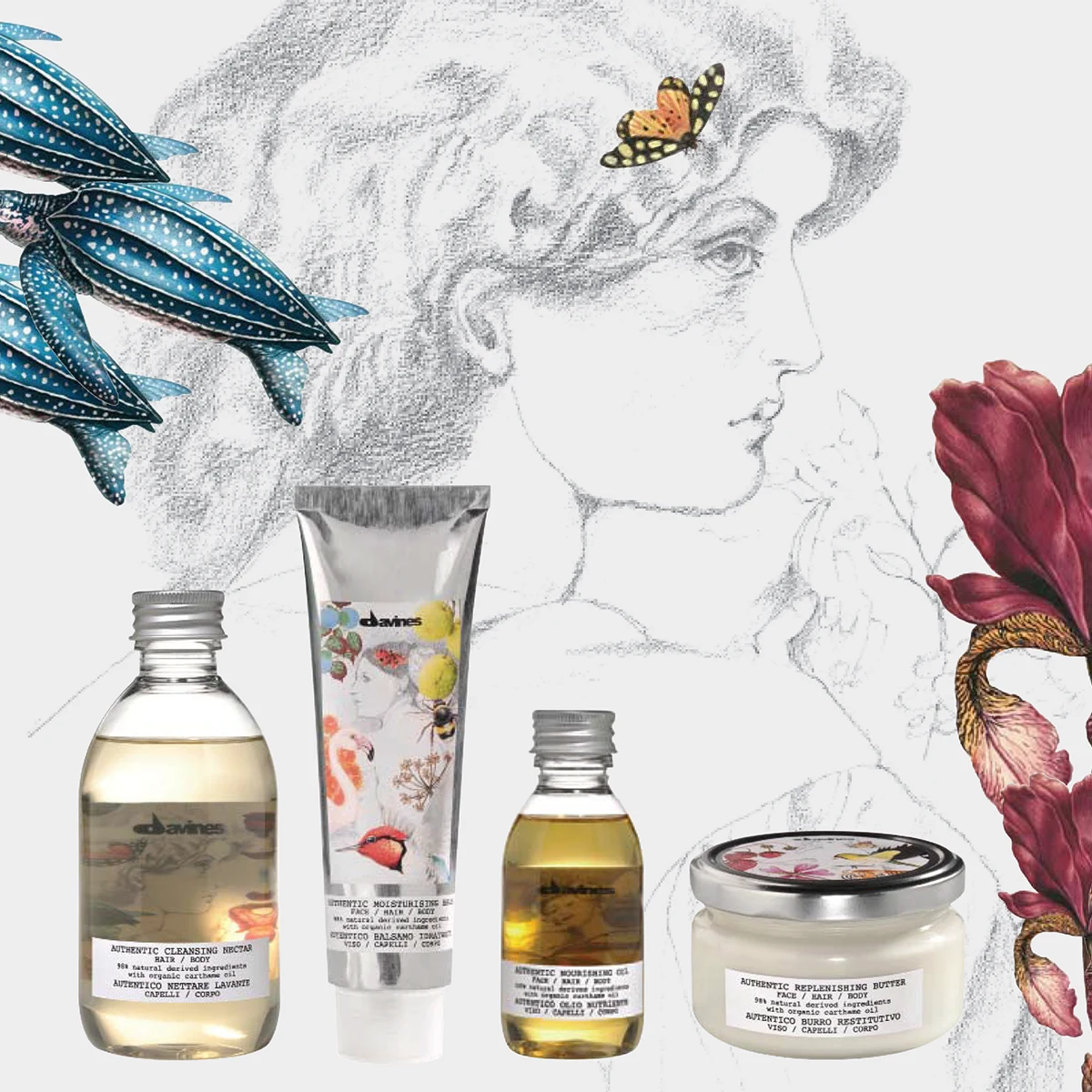 Bild på hårvårdsprodukter från Davines med fokus på styling och vård, med en skiss av en kvinna i bakgrunden, inklusive Authentic Butter i glasburk.